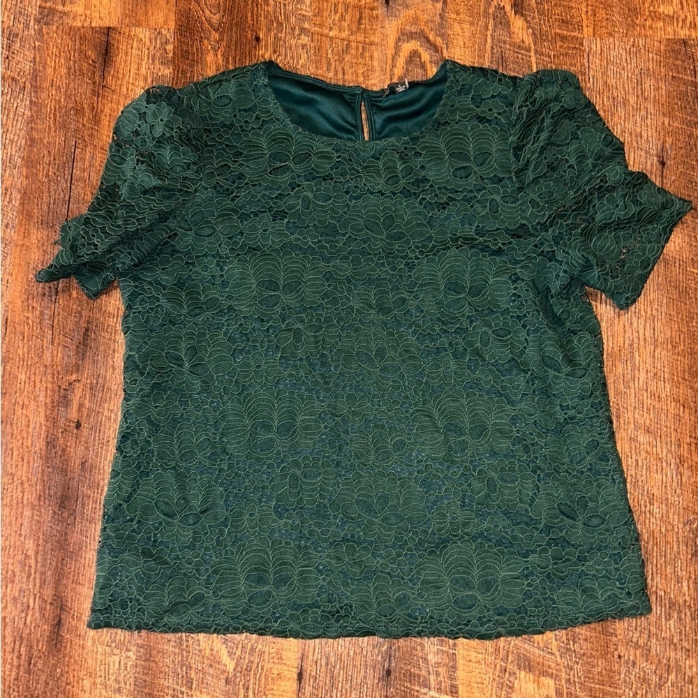 Adrianna Papell Lace Size Large Green Lined Ruffle Sleeves Cottagecore Party